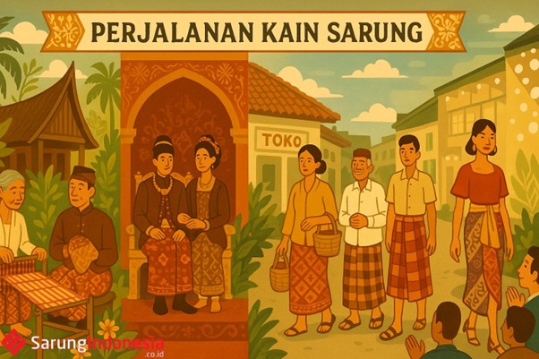 Ilustrasi perjalanan budaya sarung Indonesia dari tradisional hingga modern.