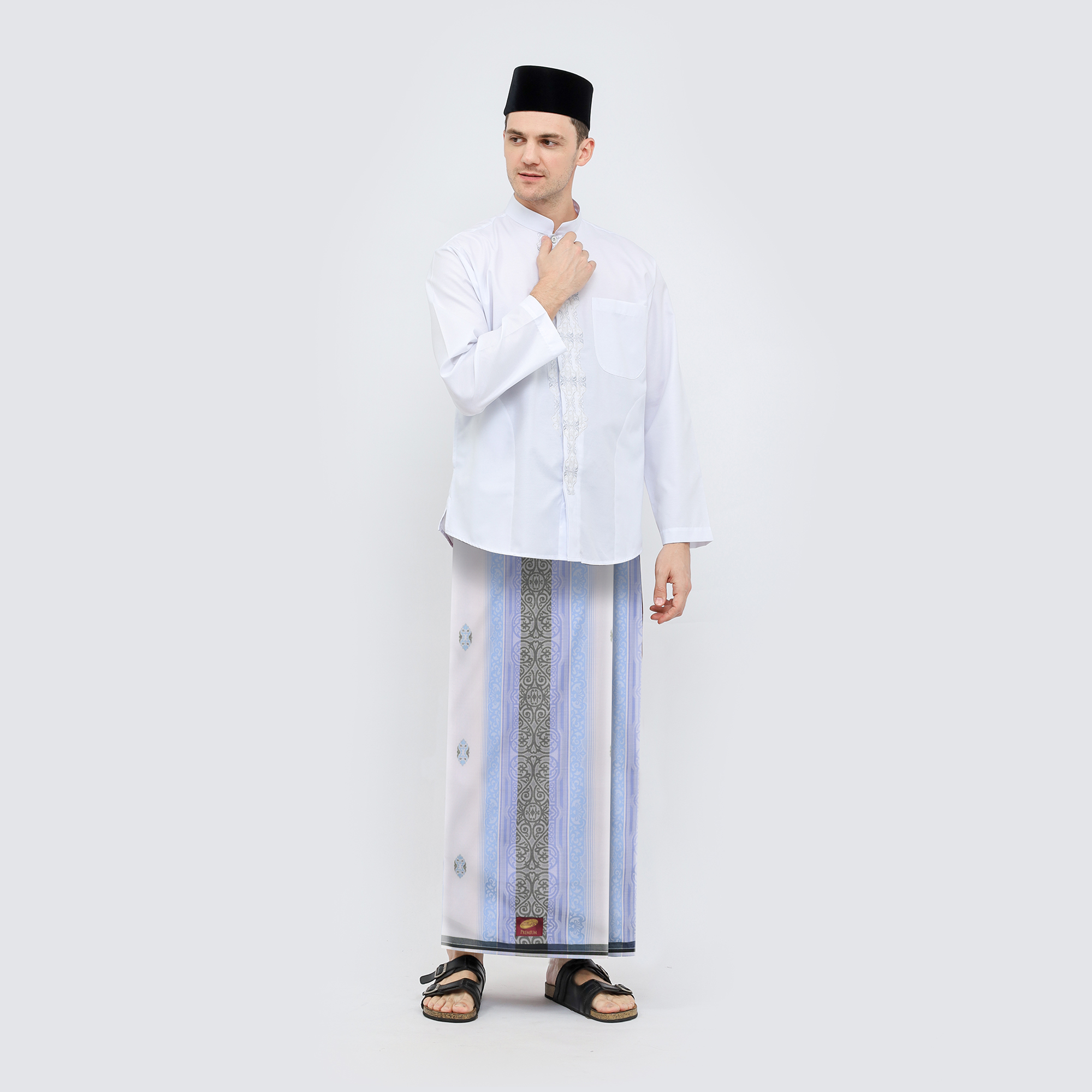 Sarung ATLAS Premium 790 Jacquard Songket Putih Biru 03