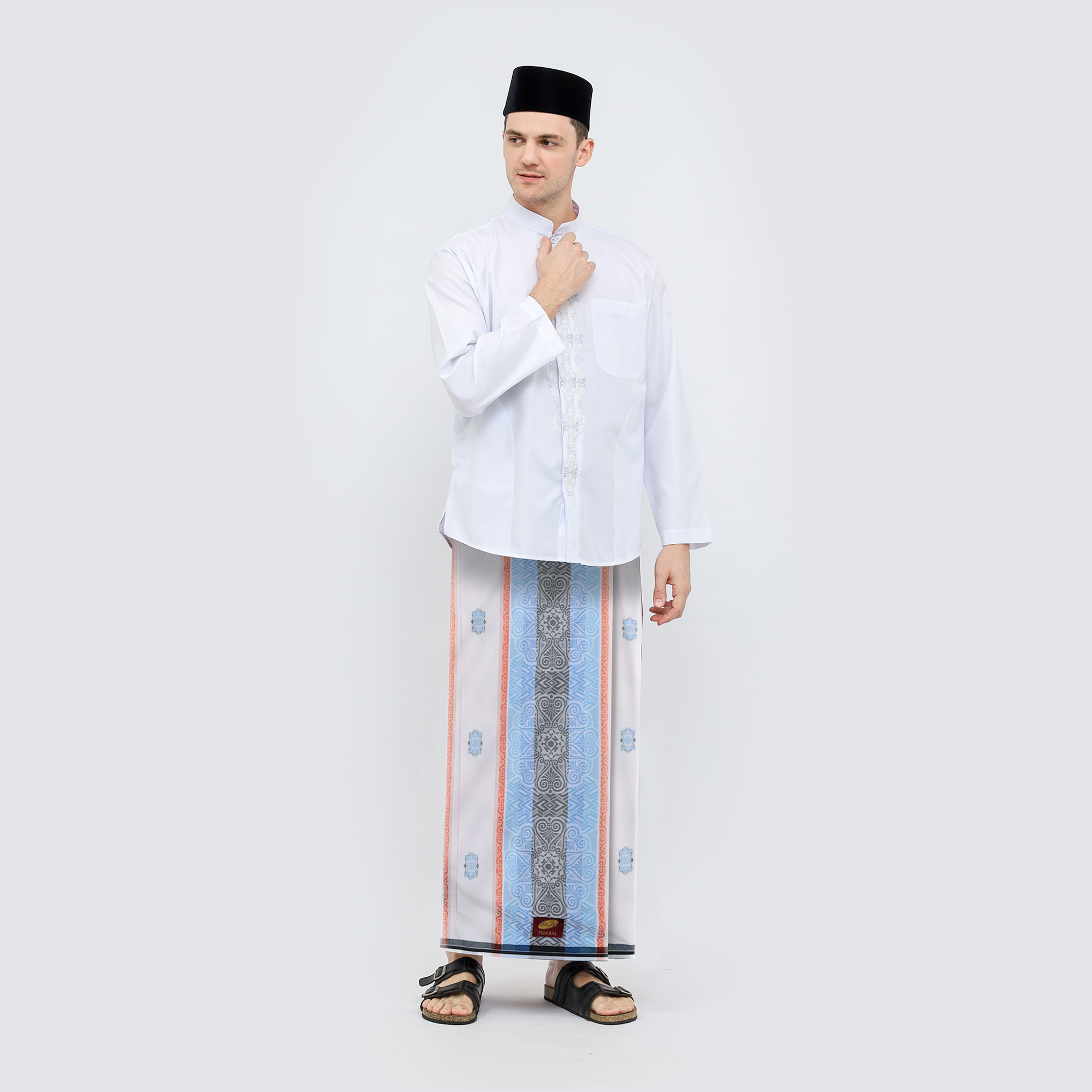 Sarung ATLAS Premium 790 Jacquard Songket Putih Biru 04